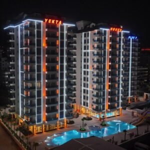 Продажа квартиры 1+1 в Аланье, район Махмутлар — панорамный вид на море.